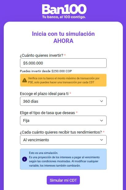 Apertura de CDT en línea en el banco Ban100