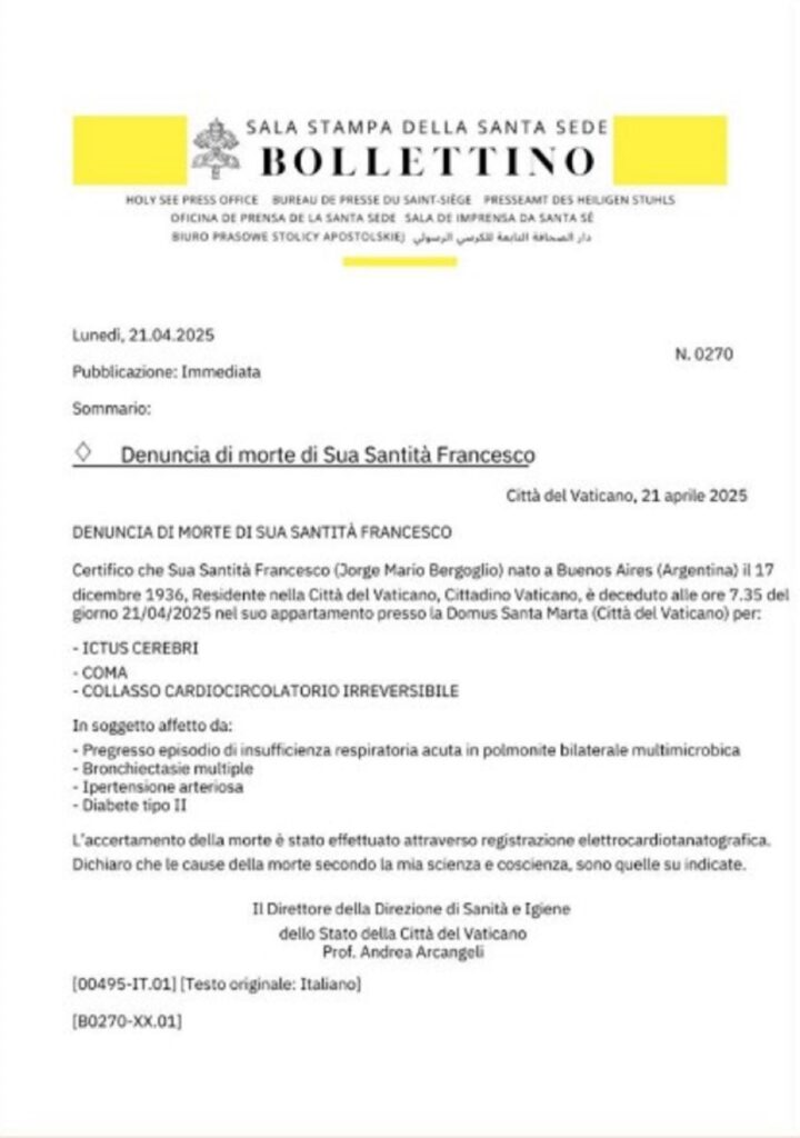 Parte médico oficial de la muerte del papa Francisco. Foto: Vaticano.