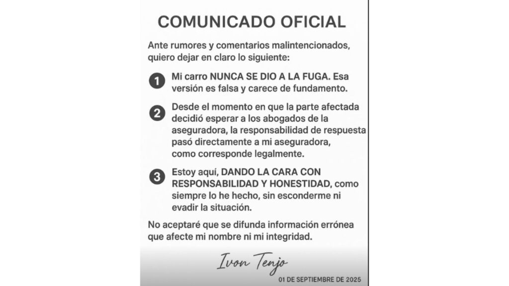 Comunicado de Ivón Tenjo / Captura de pantalla IG: @ivon_tenjo