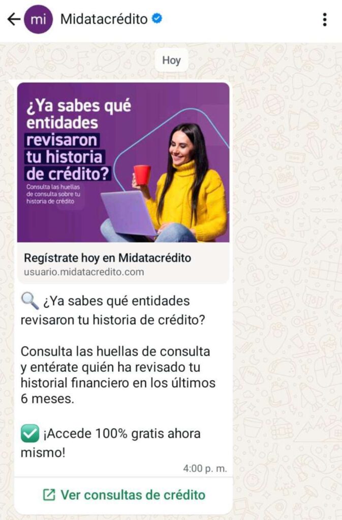 Aviso de Datacrédito sobre historia de crédito / Datacrédito