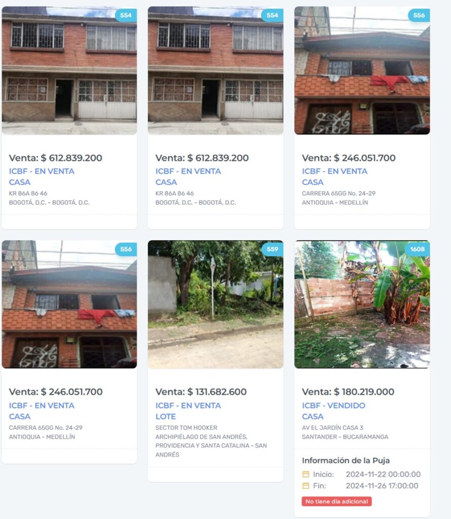Página para comprar viviendas del ICBF.