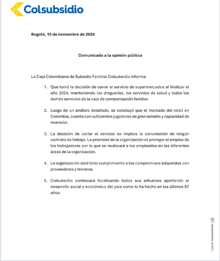 Comunicado de Colsubsidio sobre cierre de supermercados. Foto: Colsubsidio.