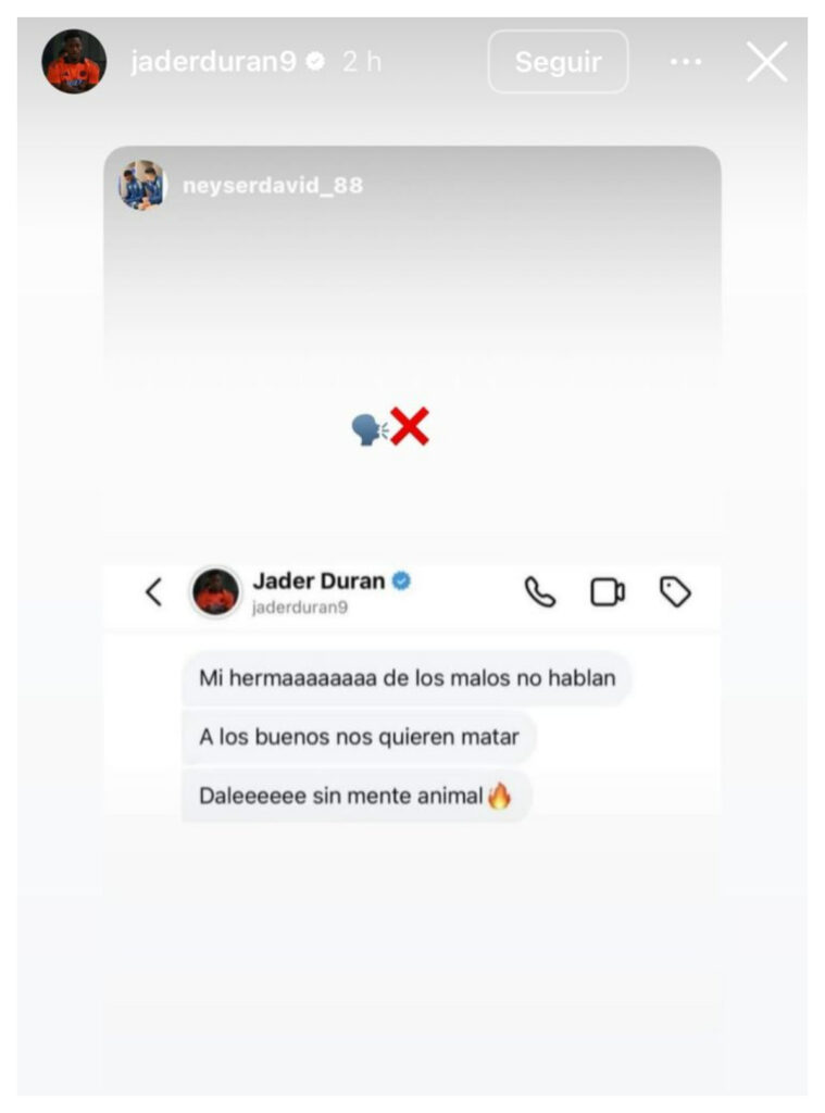 Conversación entre Néiser Villarreal y Jhon Durán / Instagram: @jaderduran9