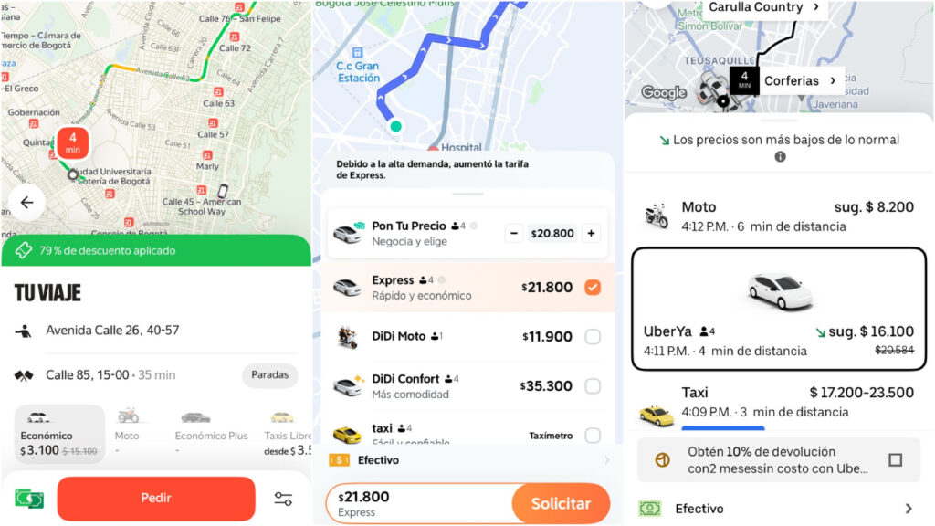 Capturas de pantalla de Yango, DiDi y Uber.