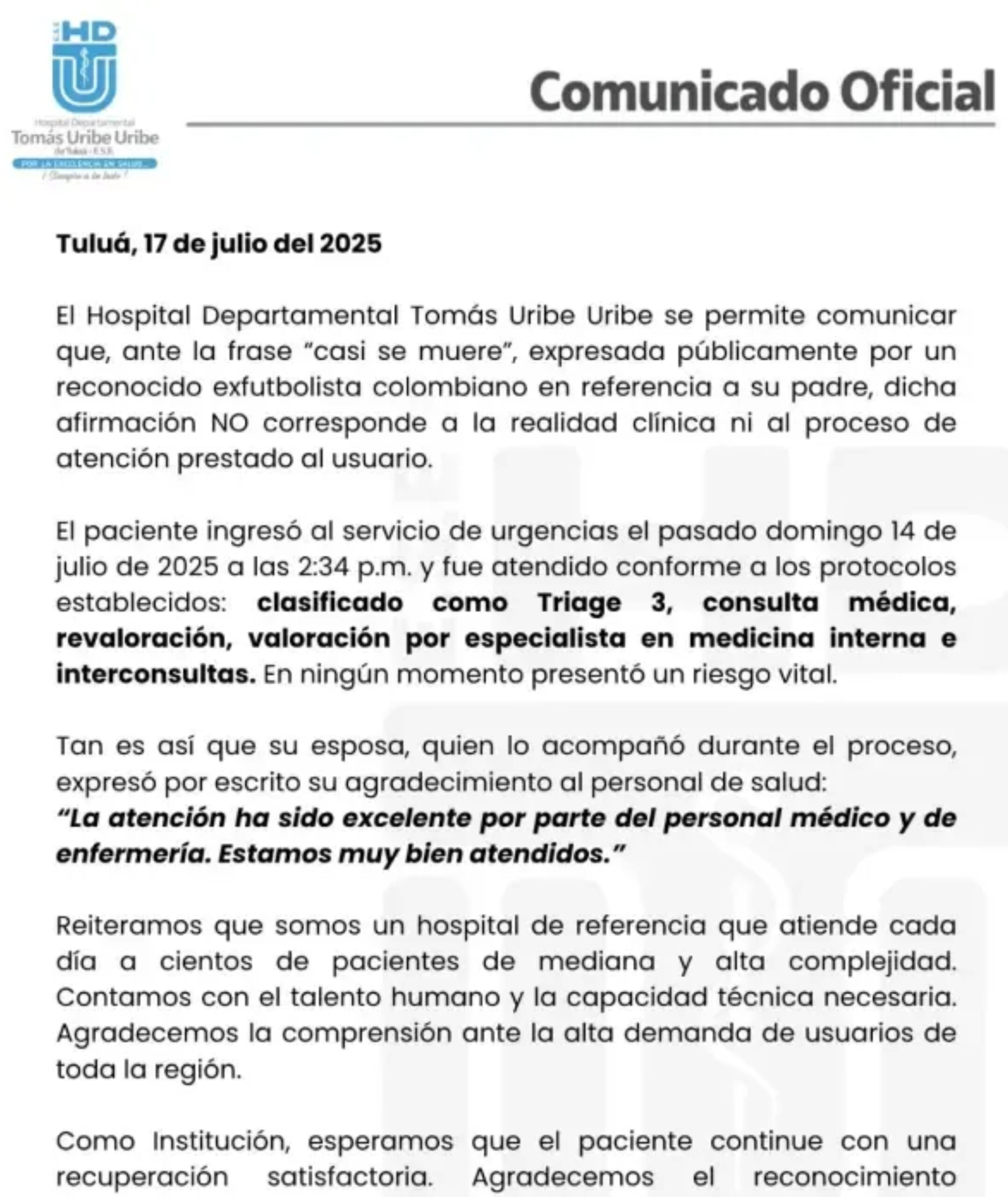Comunicado oficial hospital.