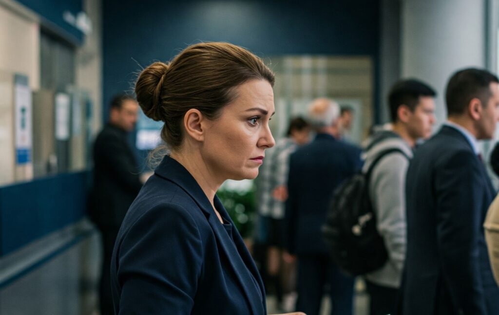 Mujer haciendo fila en un banco / Gemini IA