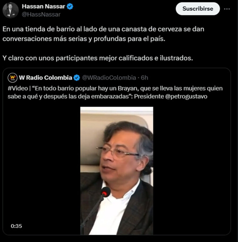 Tuit de Hassan Nassar contra Gustavo Petro