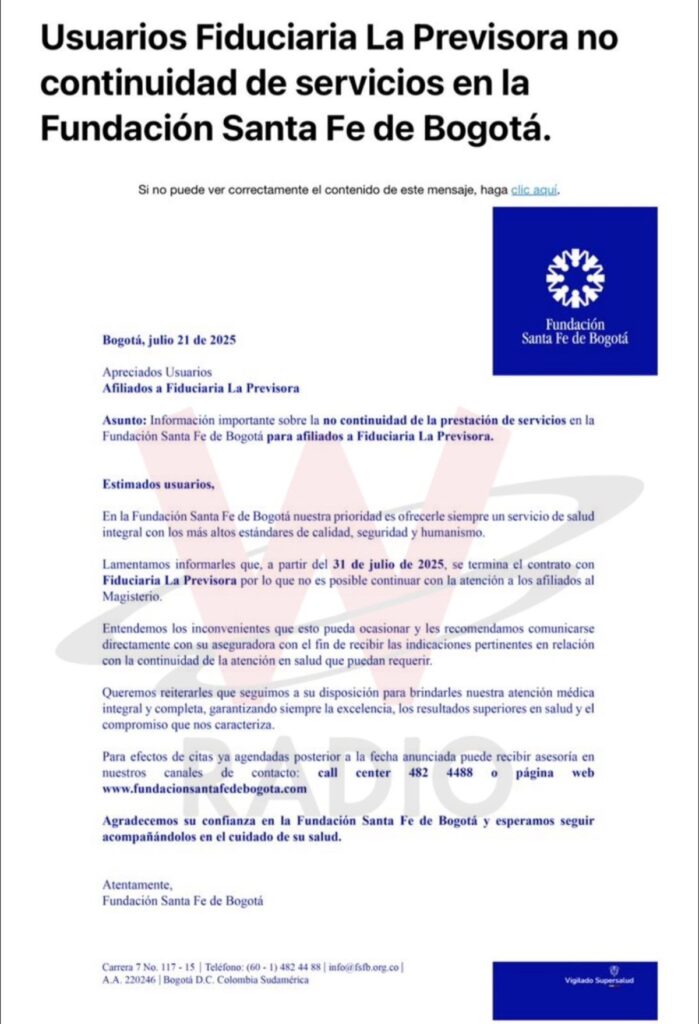 Comunicado Fundación Santa Fe - W Radio en X