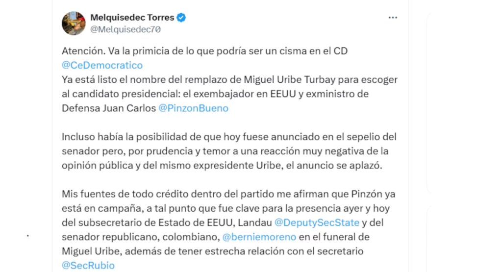 Trino sobre Juan Carlos Pinzón / X: @Melquisedec70